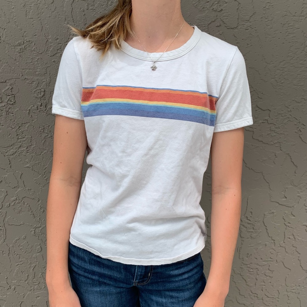 American Eagle White and Rainbow Striped T-Shirt